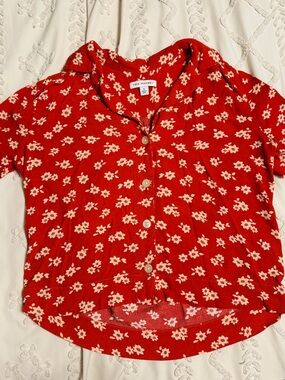 Red Floral Button-Front Blouse by Free Assembly